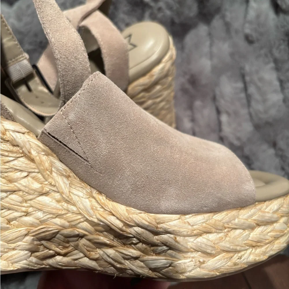 Marc Fisher Suede Taupe Sandals with ankle strap and rafia wedge